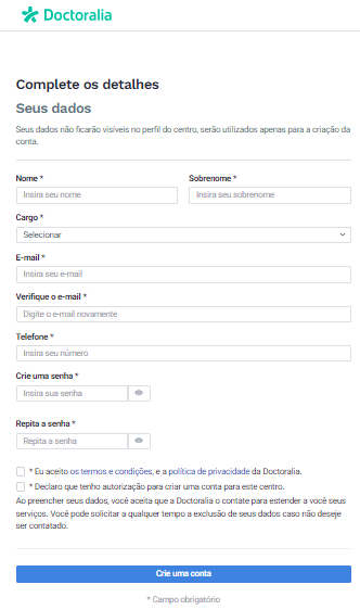 Dctoralia - Criar Perfil Gratuito Clínicas - Dados de contato